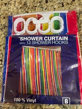 Rainbow Stripe Vinyl Shower Curtain with 12 Hooks